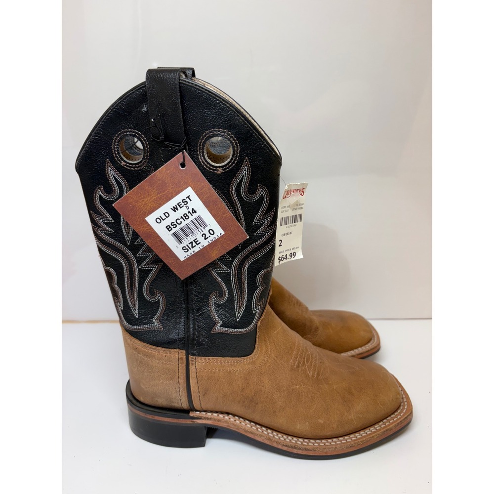 Old West Boys Brown Black Leather Square Toe Cowboy Boots BSC1814 Size 2.0 D NWT